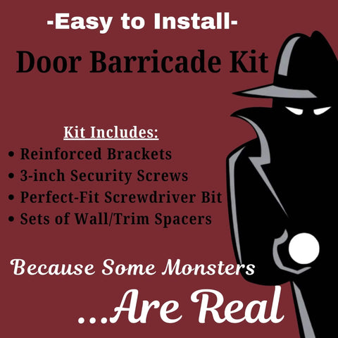 Image of Heavy Duty Door Barricade Security Kit With Install Hardware Built Tough For 2 By 4 Wood Beams And 2000 Lbs Bend Resistance Mount, featuring list of contents and illustration of a shadow figure.