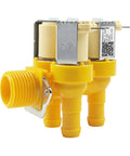 Washer Water Valve Replacement With 3 Solenoid Coils For Speed Queen Huebsch Unimac Models AP4526717 Compatible Rugged Fit And Easy Install F8286401P Part Replacement For Reliable Wash Cycles. Yellow metal-bodied washer water valve with 3 solenoid coils