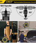 Retractable 55Ft Extension Cord Reel For Garage And Workshop, 180-degree swivel mount, in use by professional mechanics