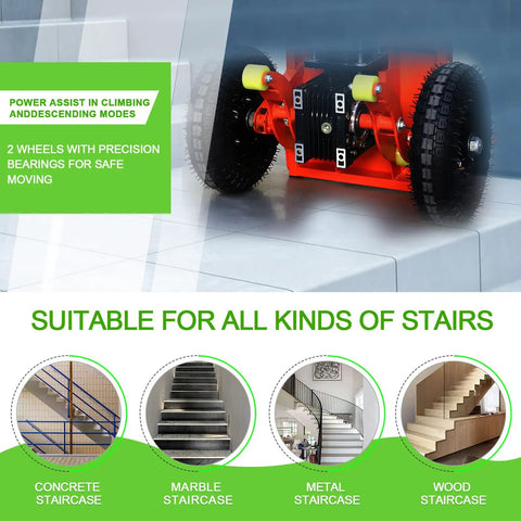 Camini 1200W Electric Stair Climbing Hand Truck Dolly With 880 Lb Heavy Load Capacity demonstrates power assist for safe movement on stairs.