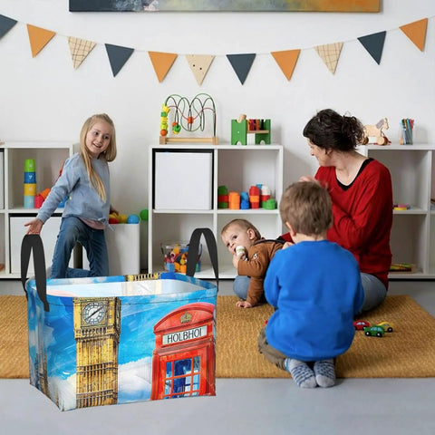 Hella Roomy Watercolor Storage Basket displayed in a playroom, storing toys and childrens' games, made from durable fabric.