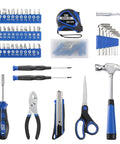Prostormer 93-piece blue tool kit with toolbox; includes screwdrivers, pliers, hammer, knife, scissors, tape measure.
