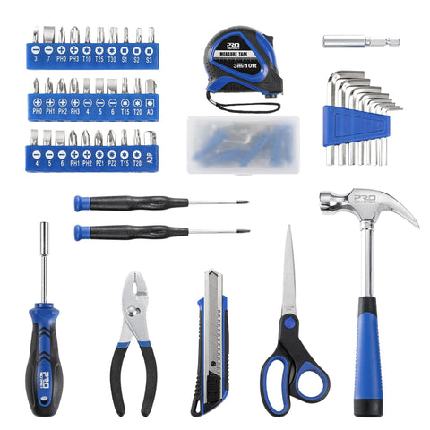 Prostormer 93-piece blue tool kit with toolbox; includes screwdrivers, pliers, hammer, knife, scissors, tape measure.