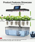 All In One Hydroponics Growing System Kit With Seeds Featuring 12 Pods Indoor Herb Garden And LED Grow Light Aeroponic Germination for home kitchen office fresh herbs and veggies, showing LED lights and water pump.
