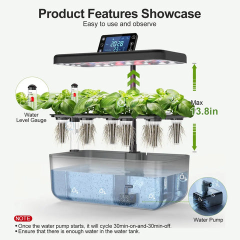 All In One Hydroponics Growing System Kit With Seeds Featuring 12 Pods Indoor Herb Garden And LED Grow Light Aeroponic Germination for home kitchen office fresh herbs and veggies, showing LED lights and water pump.