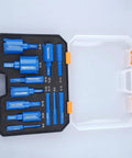Real Heavy Duty 12 Piece Diamond Hole Saw Kit For Tile Concrete And Marble Offers Fast Dry Cutting With Hex Shanks And Tough Carry Case showing blue hex shank bits.