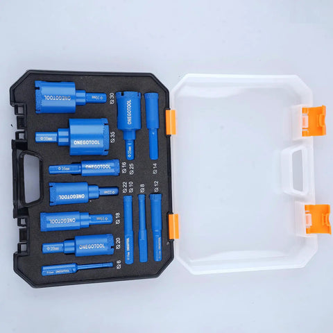 Real Heavy Duty 12 Piece Diamond Hole Saw Kit For Tile Concrete And Marble Offers Fast Dry Cutting With Hex Shanks And Tough Carry Case showing blue hex shank bits.