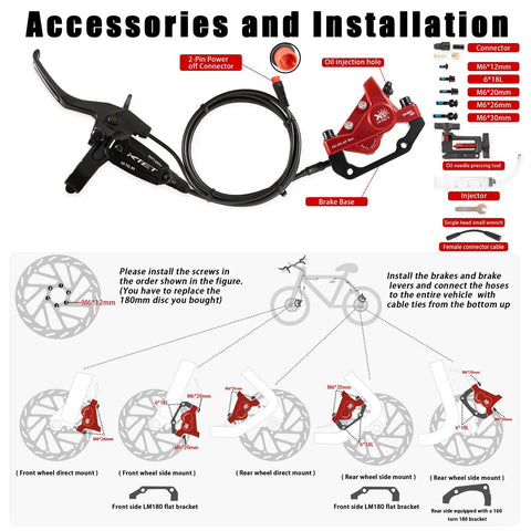 Red 4-piston hydraulic e-bike brake kit with 180mm 2.75mm thick rotor, pre-bled DOT 4; includes lever and hose.