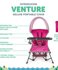 Go With Me Venture Portable Toddler Chair With Sun Canopy, 3 growth stages, foldable travel seat shown in pink with features