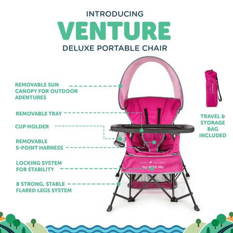Go With Me Venture Portable Toddler Chair With Sun Canopy, 3 growth stages, foldable travel seat shown in pink with features