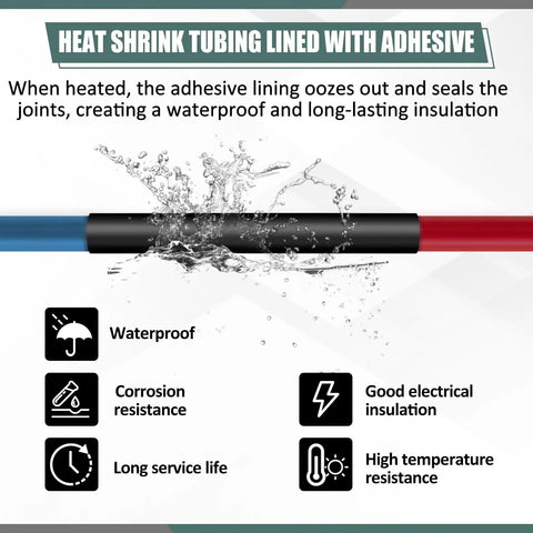 Six Roll Heavy Duty Heat Shrink Tubing Kit For Quarter Three Eighths And Half Inch Sizes With Three To One Ratio Marine Grade Adhesive Lined Wrap Tube For Insulation Sealing And Wear Resistant Protection Black Four Feet Per Roll shown with waterproof and corrosion-resistant features highlighting good electrical insulation.