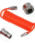 Top Shelf PU Spiral Air Hose Three Meter Length Kitted With Snappy Quick Connectors, bright orange spiral coil with metal couplers.