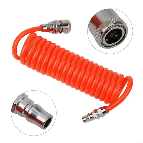 Top Shelf PU Spiral Air Hose Three Meter Length Kitted With Snappy Quick Connectors, bright orange spiral coil with metal couplers.