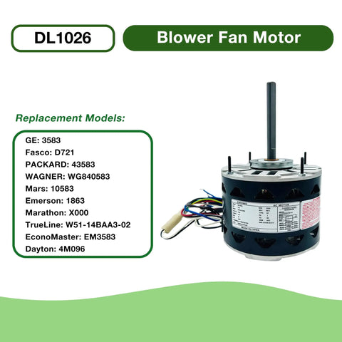 Direct-Drive Blower Motor For HVAC Systems 1/4 HP 115V 3-Speed 1075 RPM Replacement Compatible With AO Smith 1026 GE 3583 Fasco D721 Magnetek 0533 Marathon X000 Emerson 1863, front view