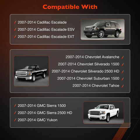 Image showing compatibility list for Six Or Eight Way Power Seat Motor Set Without Memory Replacement For 2007 To 2014 GM Trucks And SUVs