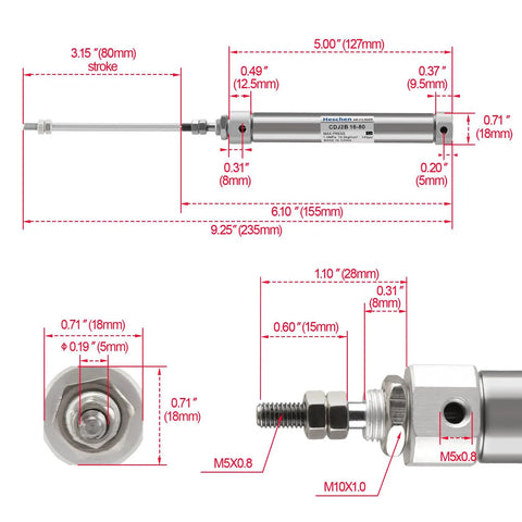 Diagram of Slim Stainless Steel Air Pneumatic Cylinder CDJ2B 16 80 With M5 Port, showing dimensions and structure for precision use.