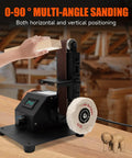 Built Tough Mini Belt Sander With Variable 350W Motor, Quiet Electric Grinder Sharpener For Wood Metal, Heavy Frame showing multi-angle sanding.
