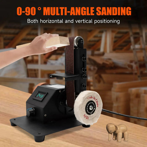 Built Tough Mini Belt Sander With Variable 350W Motor, Quiet Electric Grinder Sharpener For Wood Metal, Heavy Frame showing multi-angle sanding.