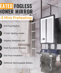 Heated Fog-Free LED Shower Mirror With 3 Dimmable Lights, 360 Degree Adjustable, drill-free mount, shown in shower context