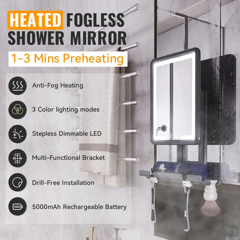 Heated Fog-Free LED Shower Mirror With 3 Dimmable Lights, 360 Degree Adjustable, drill-free mount, shown in shower context