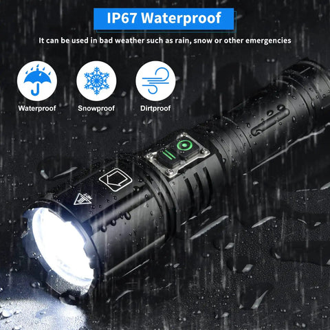 Ultra Bright Rechargeable Flashlight With 1.42 Million Lumens Six Modes IP67 Waterproof Tactical Emergency Light in rain