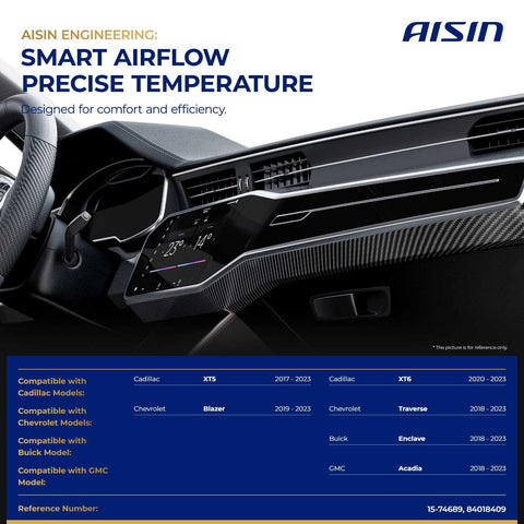 Close-up of car dashboard featuring Aisin smart airflow system, compatible with Cadillac XT5 and Chevrolet Blazer 2019-2023.