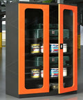 Heavy Duty Rolling Tool Chest And Garage Storage Cabinet Built Like A Tank With Thick Cold Rolled Steel And Multiple Drawers For Serious Shop Organization And Gear Safety On The Daily with orange doors and visible storage bins.