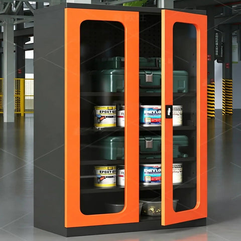 Heavy Duty Rolling Tool Chest And Garage Storage Cabinet Built Like A Tank With Thick Cold Rolled Steel And Multiple Drawers For Serious Shop Organization And Gear Safety On The Daily with orange doors and visible storage bins.