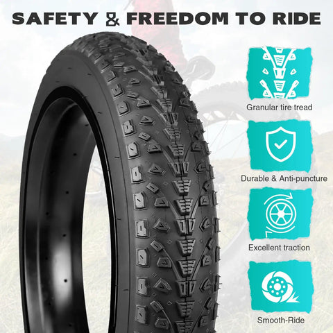 26 Inch Fat Bike Tire Set With Inner Tubes Two Pack For E-Bike Snow MTB And Tricycle Replacement 26 By 3.0 75-559 Foldable Tires with tread close-up
