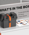 Heavy Duty Slick Smart Battery Box Fits Group 24 27 And 31 Cells Built In 12V Outlet on a table with manuals and stickers.