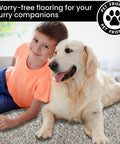 Child and golden retriever on Premium 18x18 Inch Peel And Stick Carpet Tiles For Easy DIY Install With Soft Padded Feel And Seamless Look Made In The USA 10 Tiles Delivering 22.5 Sq Ft Iron Frost.