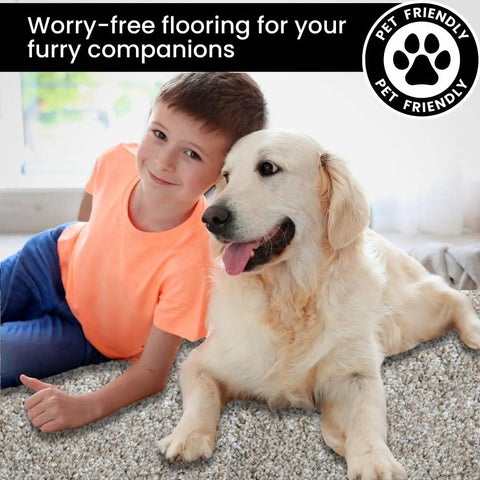 Child and golden retriever on Premium 18x18 Inch Peel And Stick Carpet Tiles For Easy DIY Install With Soft Padded Feel And Seamless Look Made In The USA 10 Tiles Delivering 22.5 Sq Ft Iron Frost.