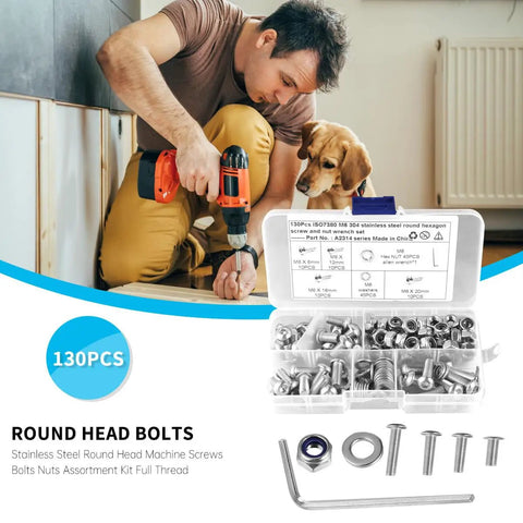 Man using drill with dog and Assorted 130 Piece Stainless Steel Round Head Screws And Nuts Kit M6 Hex Socket Bolts in view.