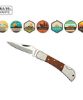 Stainless Steel Foldable Knife With Wood Handle And Locking Blade For Hiking And Camping Ultra Portable And Easy To Carry Outdoors For Everyday EDC Use, displayed with icons showcasing travel and outdoor activities.