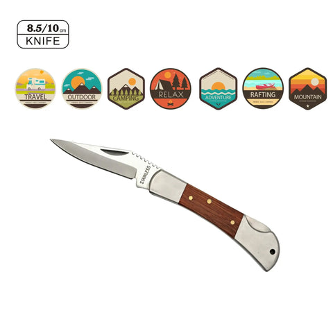 Stainless Steel Foldable Knife With Wood Handle And Locking Blade For Hiking And Camping Ultra Portable And Easy To Carry Outdoors For Everyday EDC Use, displayed with icons showcasing travel and outdoor activities.