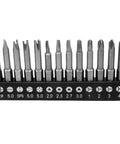 Heavy Duty 13 Piece Special Shape Screwdriver Insert Bit Set With Phillips Slotted Spanner Y Style Triangle And Inner Cross Heads No Fuss Cr V Steel side view showing various A4 screwdrivers on holder.