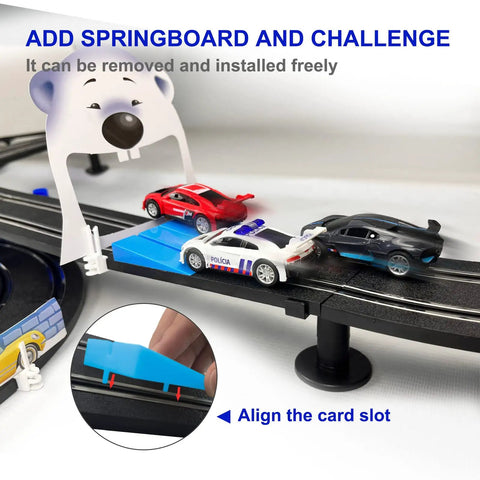 High Speed Slot Car Track Set With Dual Lanes, Four Officially Licensed Cars, springboard, and two cars racing on track