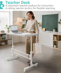 Woman using Portable Treadmill Walking Pad Desk On Wheels With Height Adjustable Stand Up Table For Home Office 32 Inch Wide