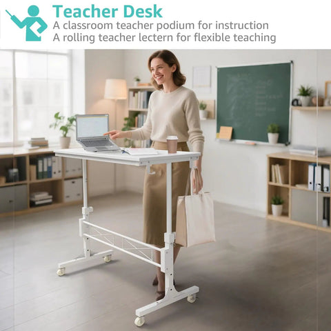 Woman using Portable Treadmill Walking Pad Desk On Wheels With Height Adjustable Stand Up Table For Home Office 32 Inch Wide