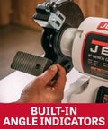 Grit And Grind Eight Inch Bench Grinder With Beefy Half Hp Motor Runs Steady At 1725 Rpm showing built-in angle indicators for precision.