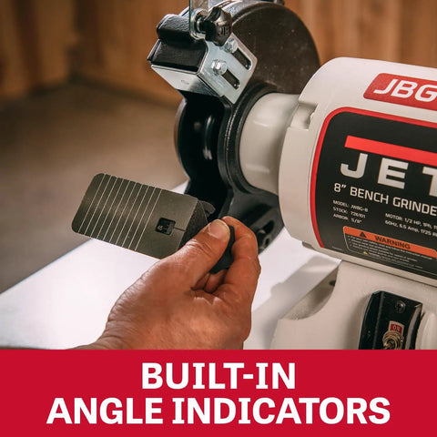 Grit And Grind Eight Inch Bench Grinder With Beefy Half Hp Motor Runs Steady At 1725 Rpm showing built-in angle indicators for precision.