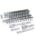 57 Piece Three Eighth Inch Drive Six Point Mechanics Tool Set With Standard And Deep Sockets SAE Metric 90 Tooth Gear shown
