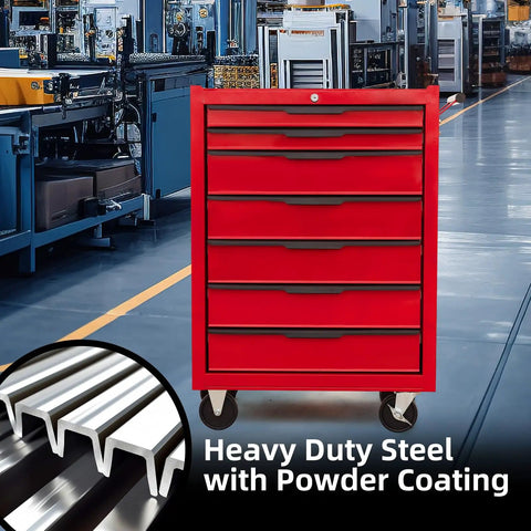 Premium 7 Drawer Rolling Tool Chest With Slick Ball Bearing Slides And Locking Caster Wheels, Beefy Carbon Steel Mechanics Cabinet