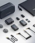 2-Person Wireless Lavalier Microphone System For iPhone, Cam, And Android With 40 Hour Battery Life components on display