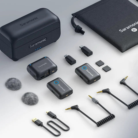 2-Person Wireless Lavalier Microphone System For iPhone, Cam, And Android With 40 Hour Battery Life components on display