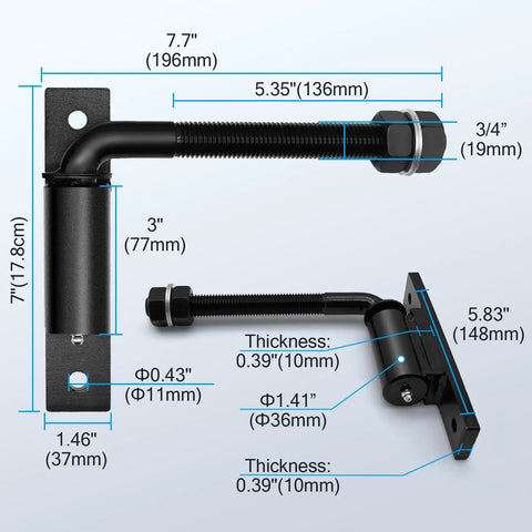 Heavy Duty Three Quarter Inch J Bolt Gate Hinge Seven Inch Adjustable Weld On For Wooden And Metal Gates Farm Fence And Driveway Use Two Pack Supports Up To One Thousand One Hundred Lbs Per Pair, dimensioned view