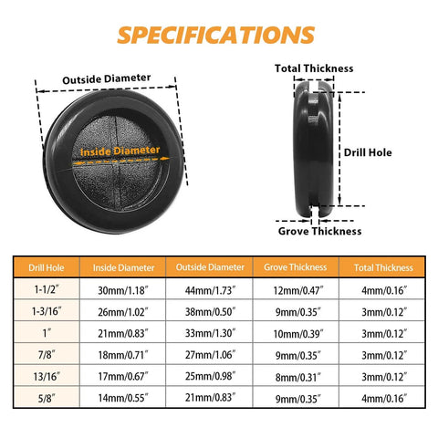 Specification chart for 33-Piece Rubber Grommet Kit With Retractable Box Knife, 6 Sizes Round Gaskets, includes measurements and size details.