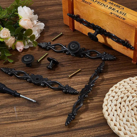 Five Piece Vintage Black Drawer Pulls Set With 0 98 Inch Center To Center Zinc Alloy Cabinet Knobs displayed with screws