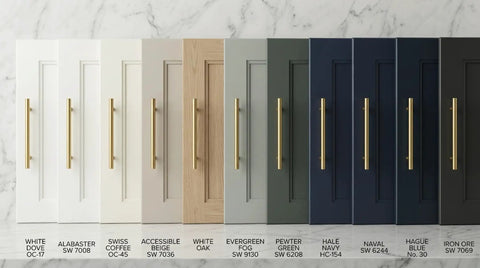 Heavy Hitter Solid Stainless Steel Bar Handles 25 Pack Euro Style Cabinet Pulls With Killer Brushed Satin Gold Brass Finish shown on cabinet doors in various colors.