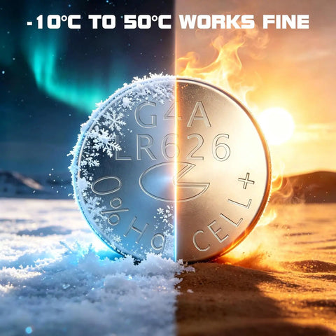 Hella Reliable 1.5V Alkaline Watch Batteries 377 LR626 AG4 SR626SW Coin Cell in contrasting cold and hot environments.